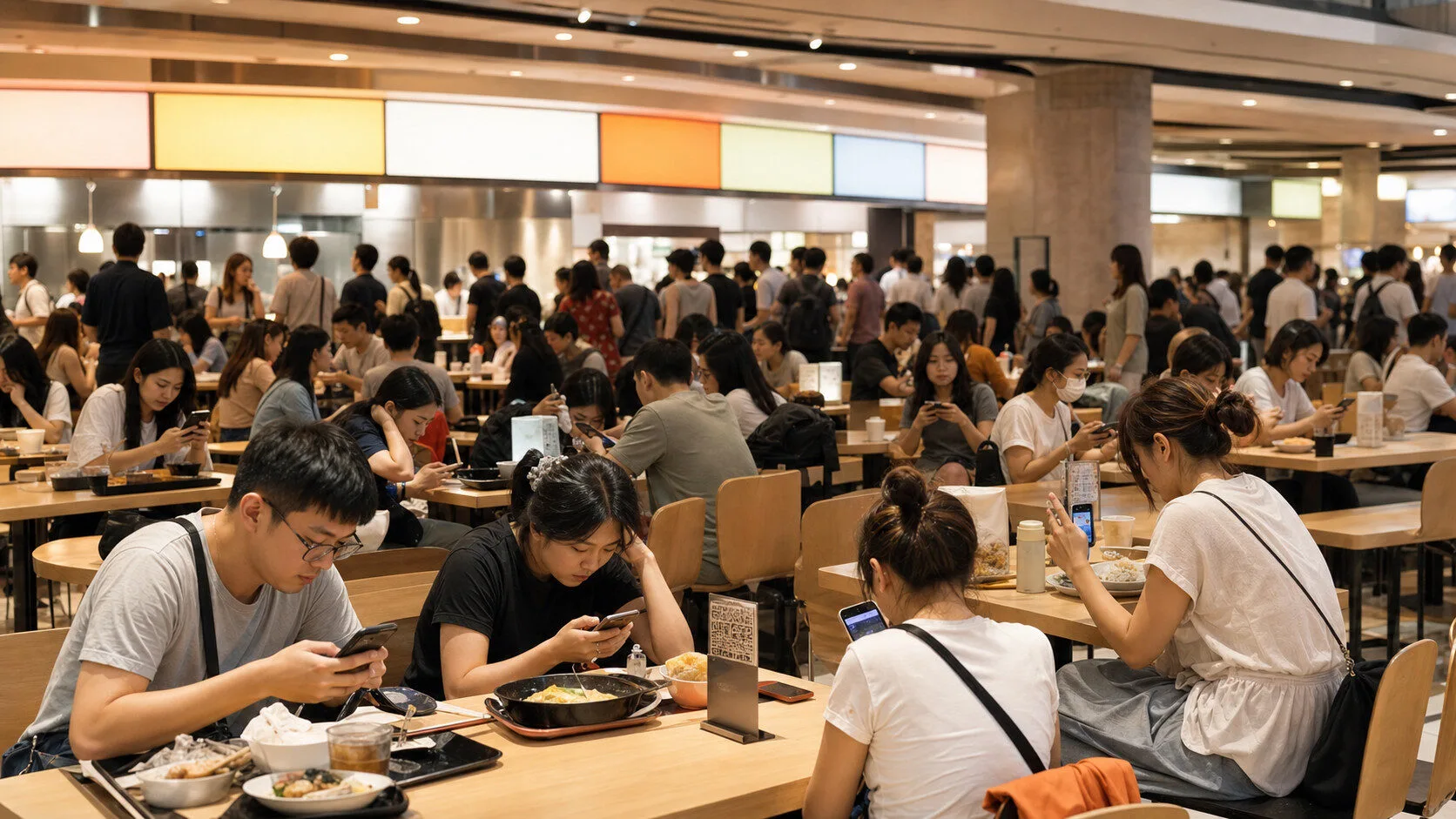 台灣百貨美食街尖峰時段大量顧客同時使用手機連線實景