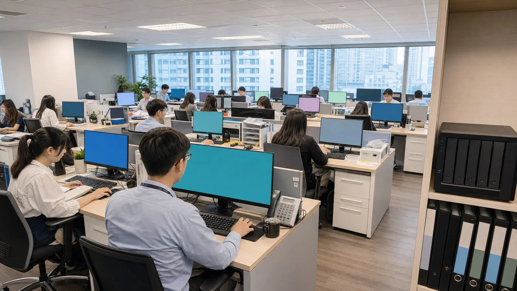 影音後製團隊在多螢幕工作站協作並使用高階 NAS