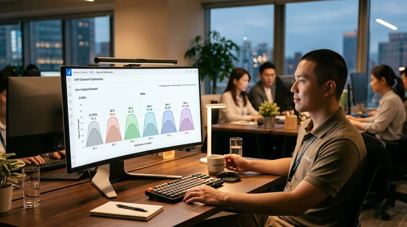 UniFi Channel AI 自動化頻道優化儀表板,工程師監看 AI 自動調校