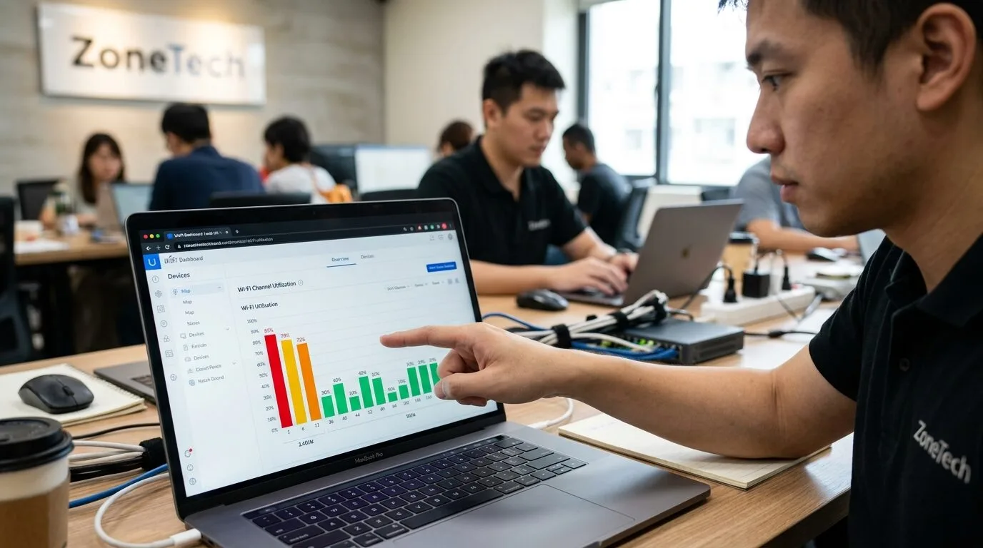 UniFi 控制台顯示 Wi-Fi 頻道使用率分析,工程師手指對照頻道壅塞情形