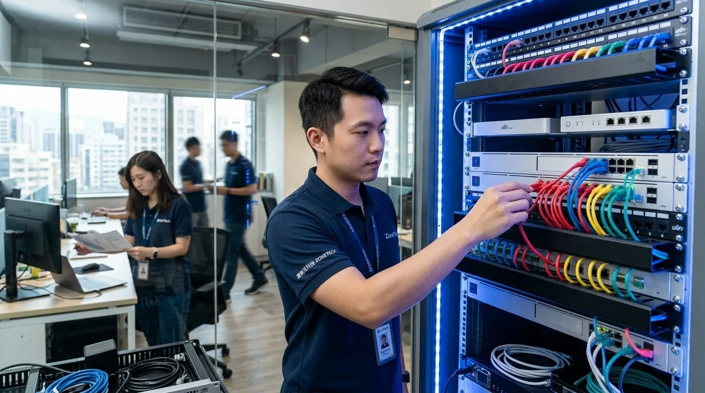 辦公室機櫃中不同顏色網路線代表不同 VLAN:員工、訪客、IoT 設備各自隔離