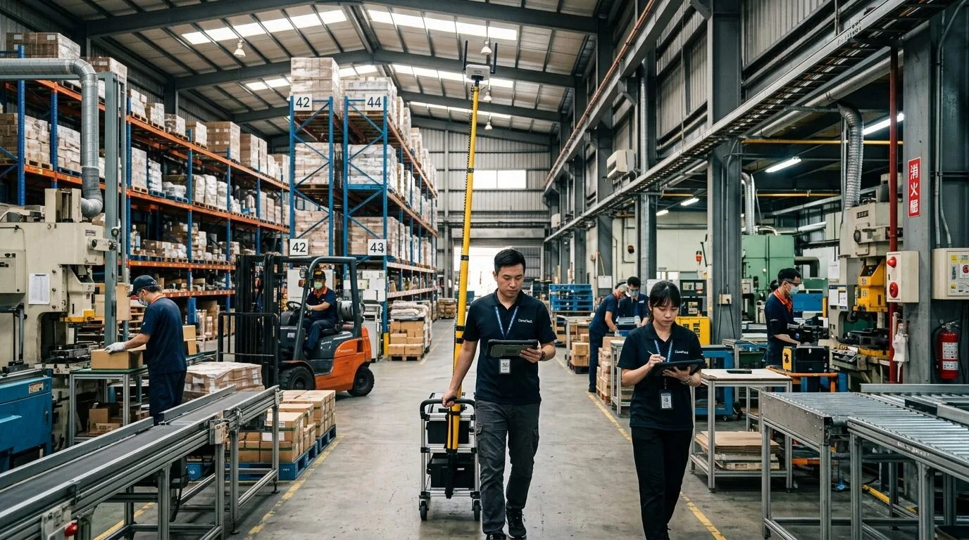 大型工廠或倉庫內部全景,工程師正在進行Wi-Fi場勘,手持平板和AP-on-a-stick,周圍有貨架和機器