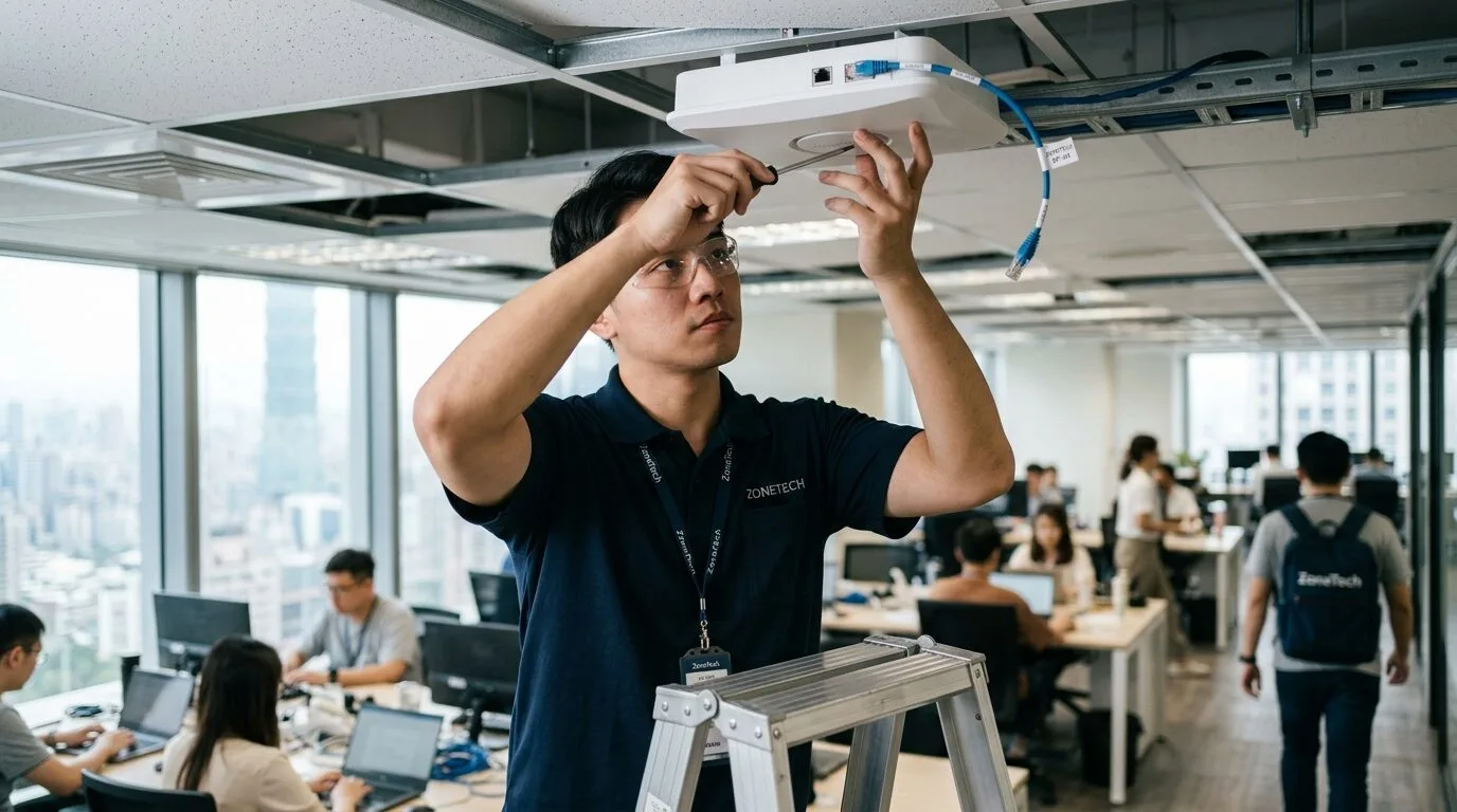 蓋斯克科技工程師在商務中心進行無線網路規劃與AP安裝的真實案例場景