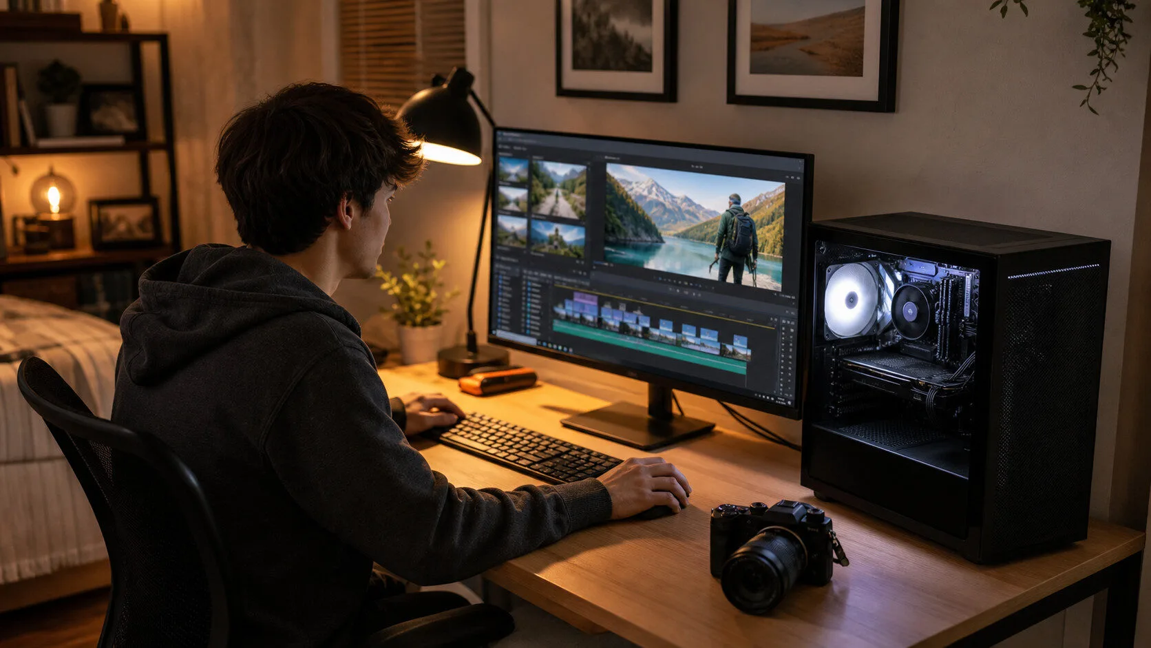套餐 A 入門 4K Vlogger 機:M-ATX 黑色主機 + 27 吋 4K 螢幕的個人剪輯桌面