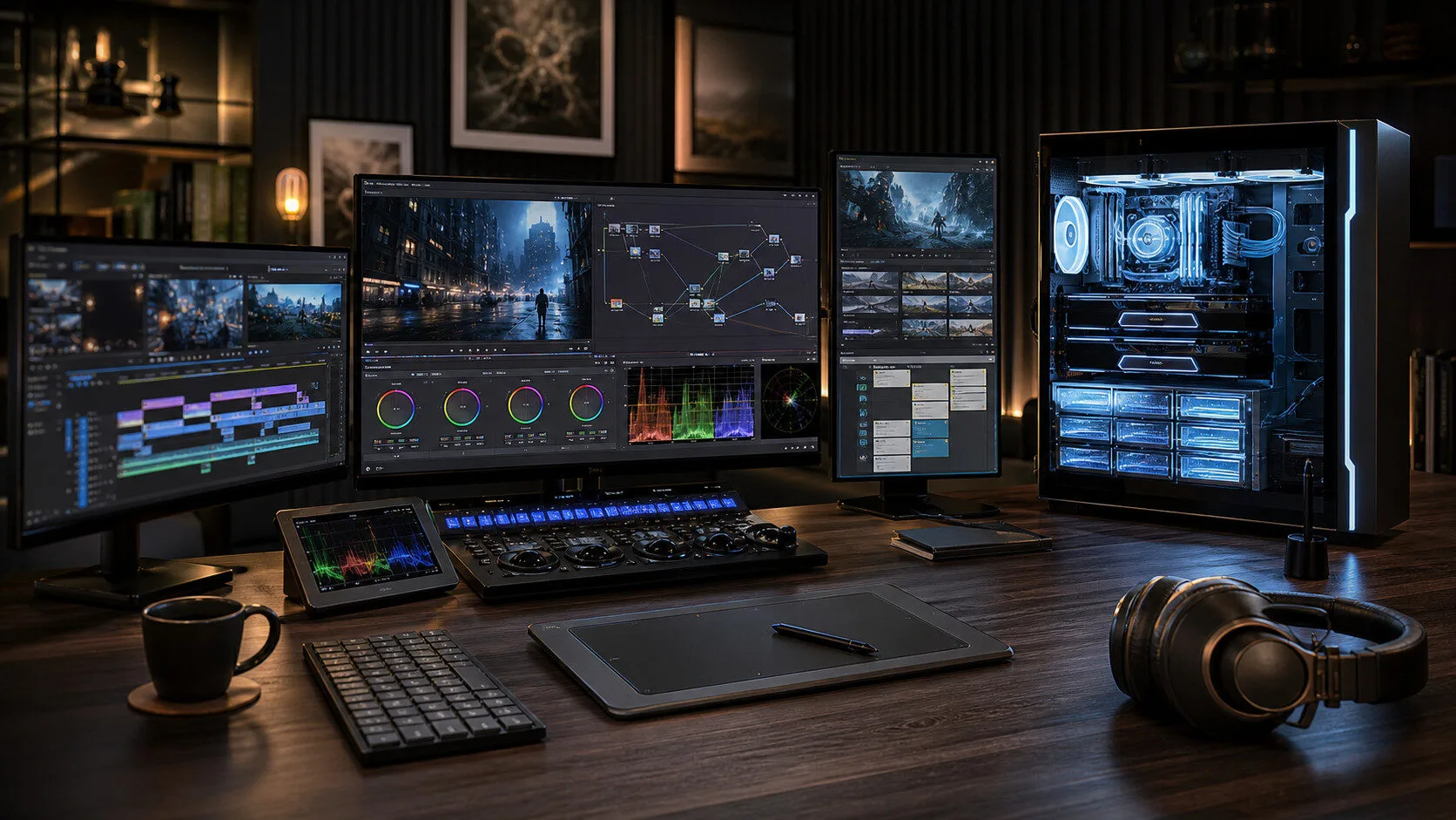套餐 D 雙棲商業工作站:三螢幕 DaVinci Fusion + Premiere 時間軸 + Wacom 數位板高階配置