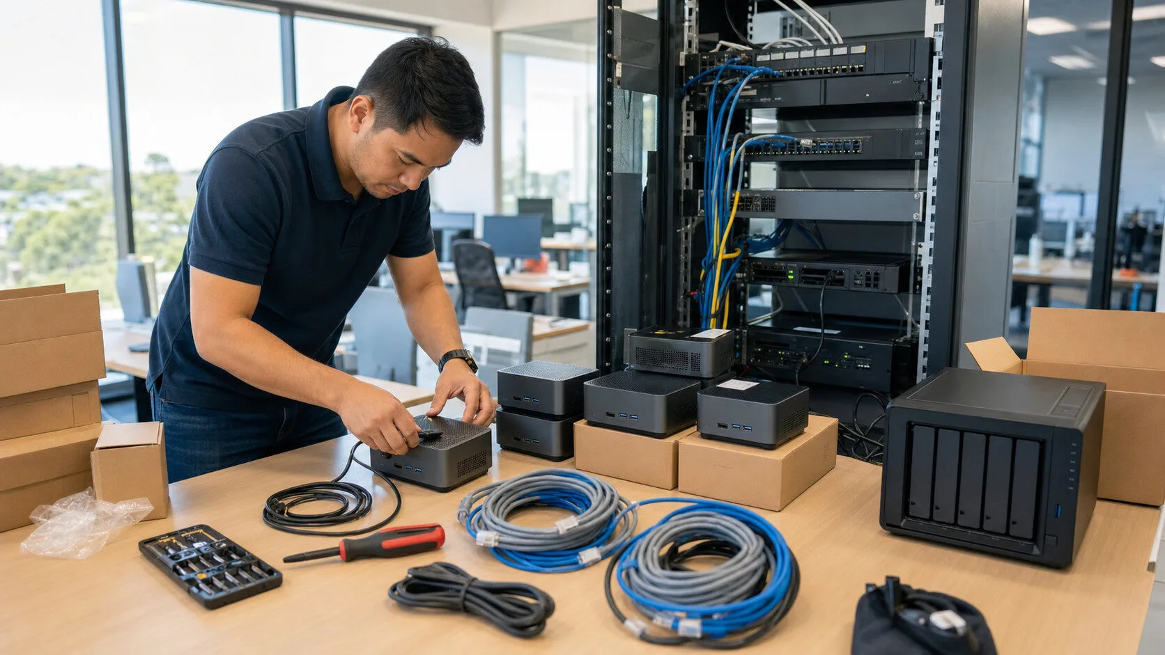 多台 Mini PC 與 NAS 到府安裝佈建情境