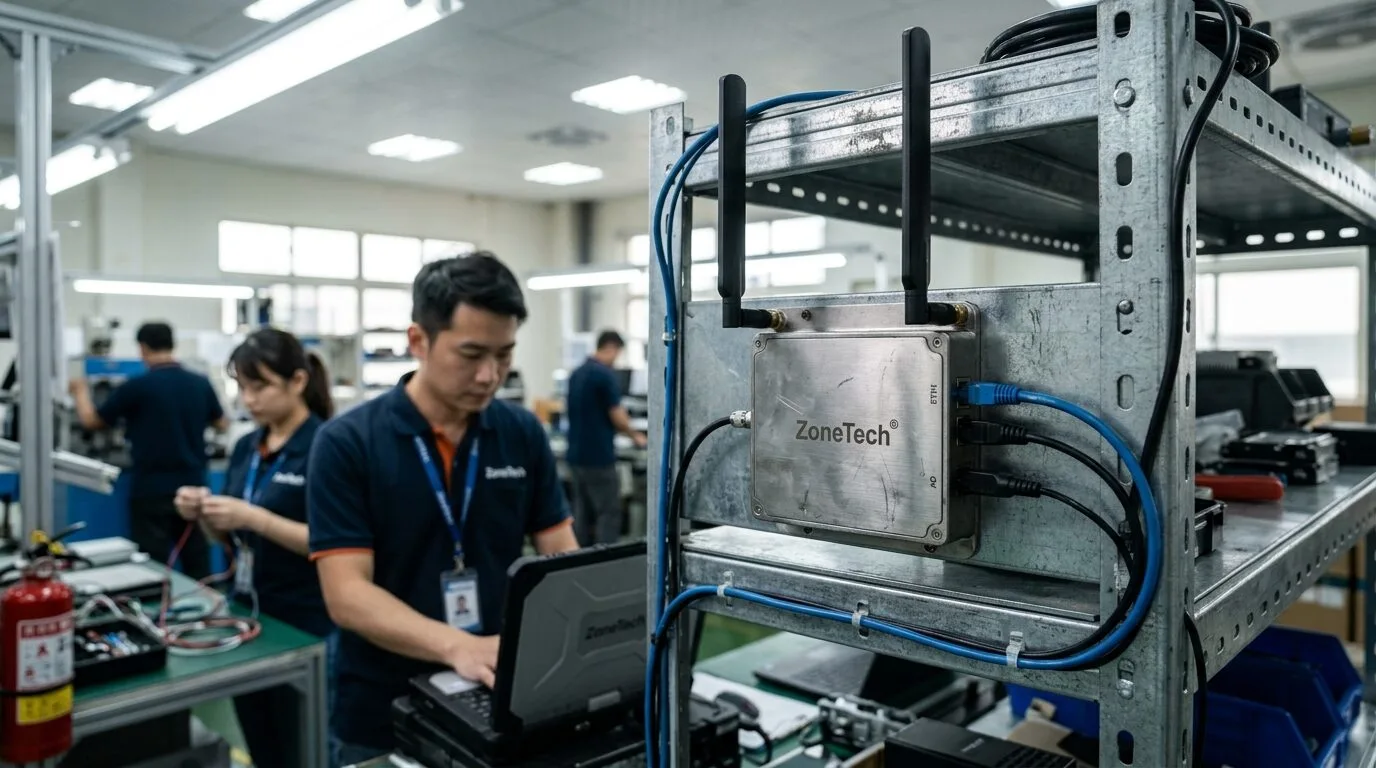 金屬貨架旁的工業級WiFi AP設備特寫，展現金屬環境與無線設備細節