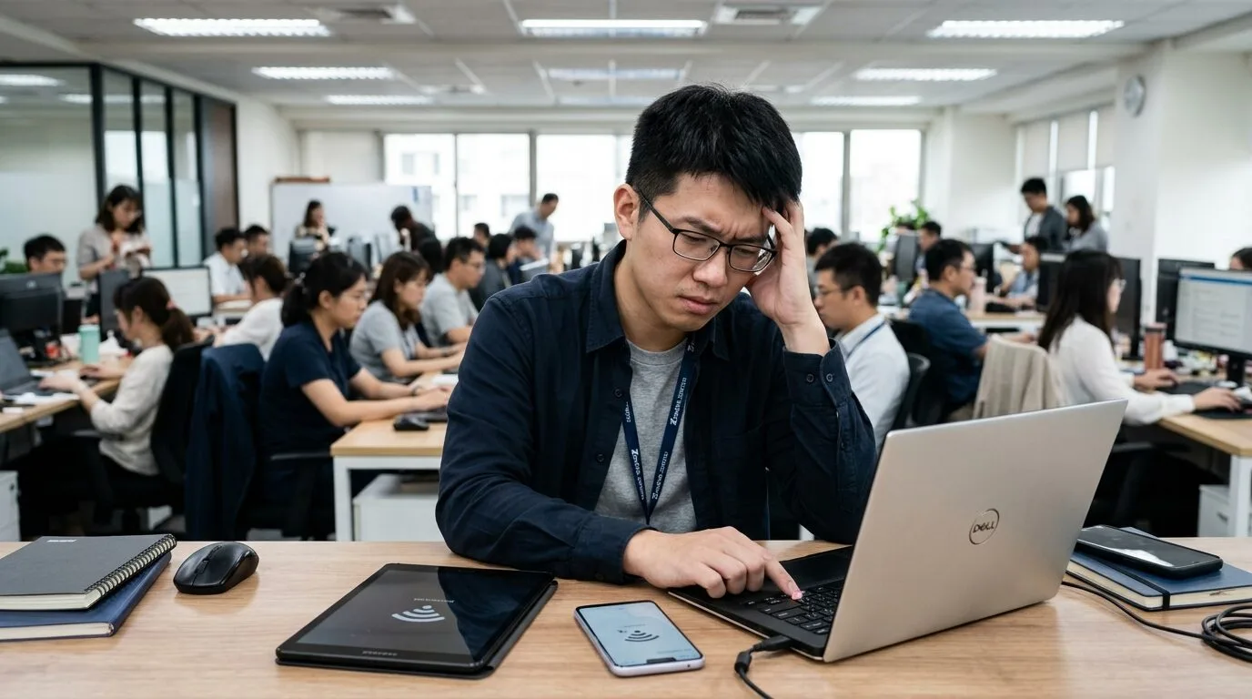辦公室中一名工程師面對網路延遲的沮喪表情，周邊有多個連線裝置顯示Wi-Fi訊號微弱