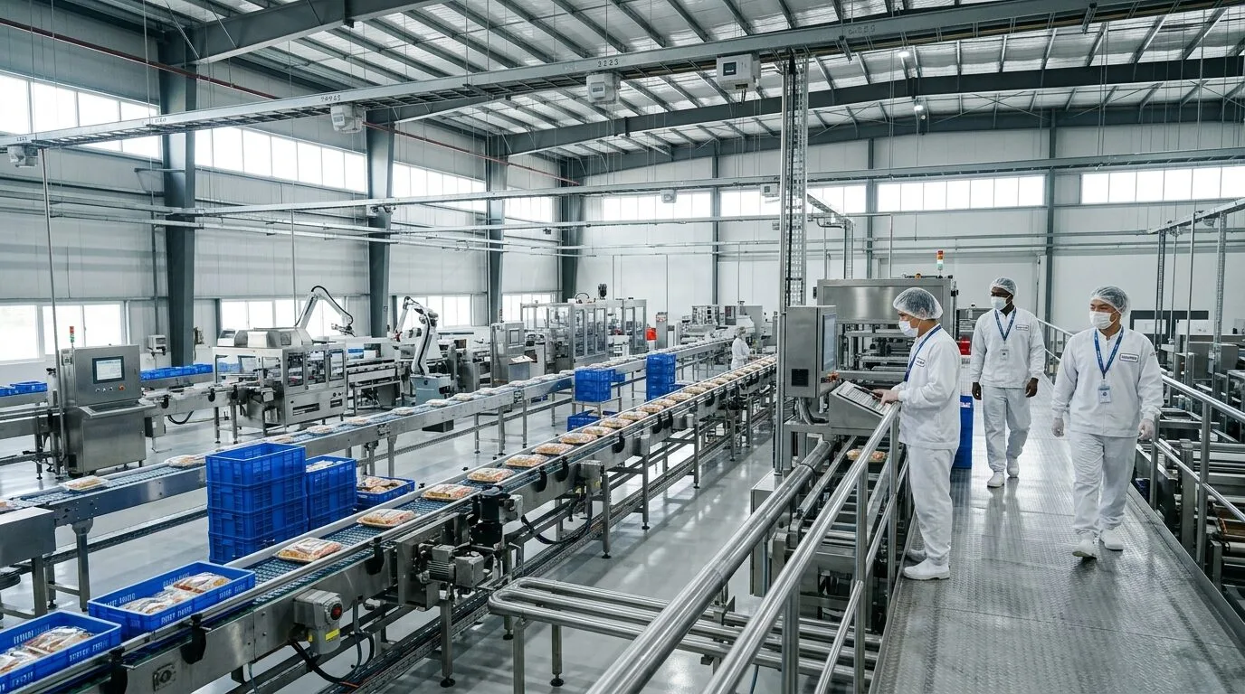 一個現代化大型食品加工廠的內部全景,明亮潔淨的產線上,天花板安裝了多台工業級 AP,展示在廣闊廠房中穩定無線網路覆蓋的重要性。