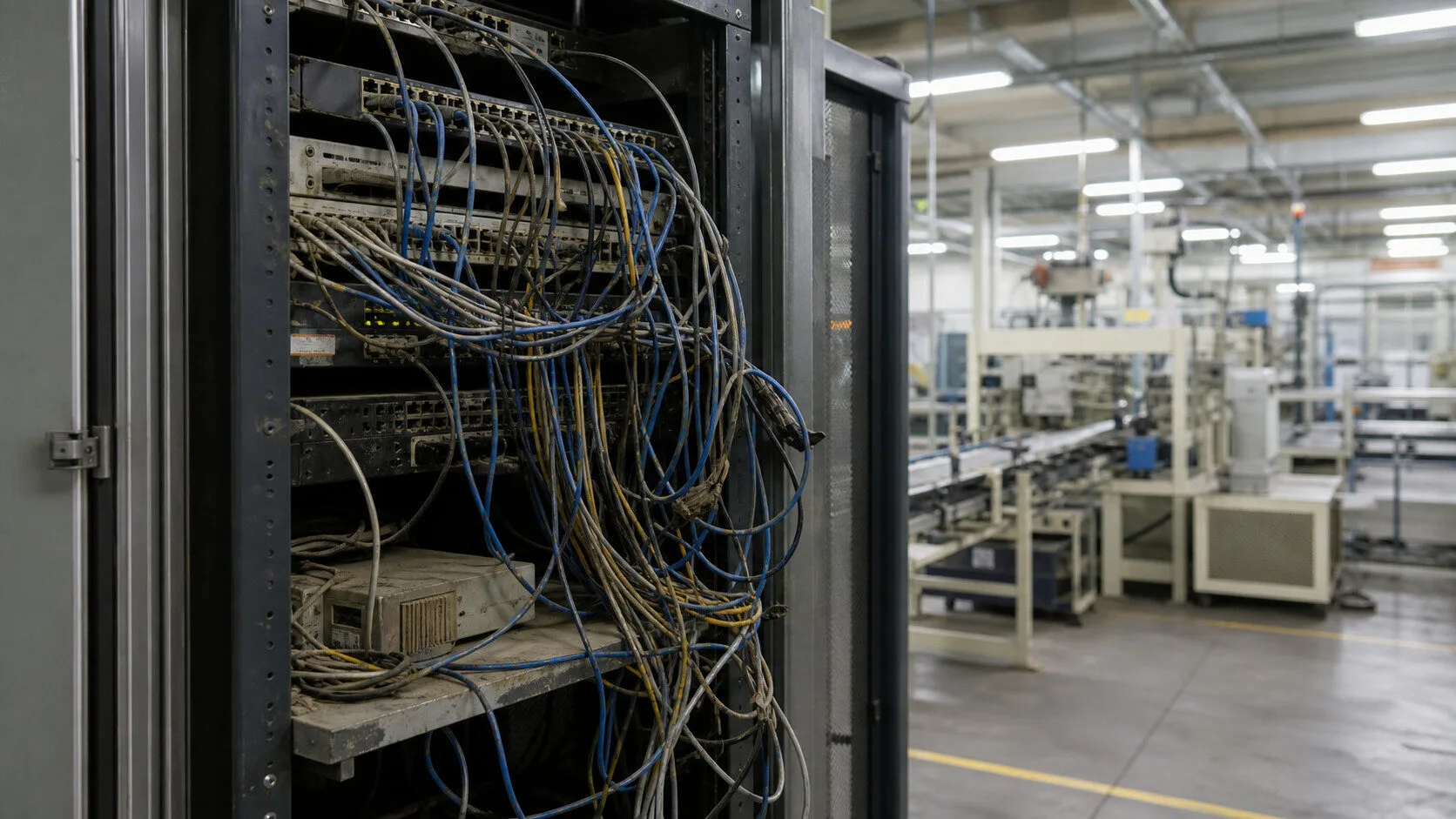 缺乏專業維護的工廠 IT 環境:網路機櫃線路凌亂、設備老舊