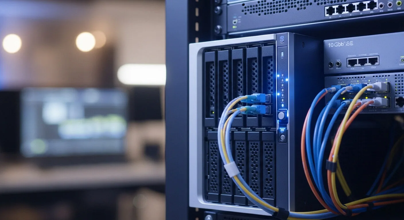 多槽位 NAS 網路儲存與 10GbE 交換器配線實景