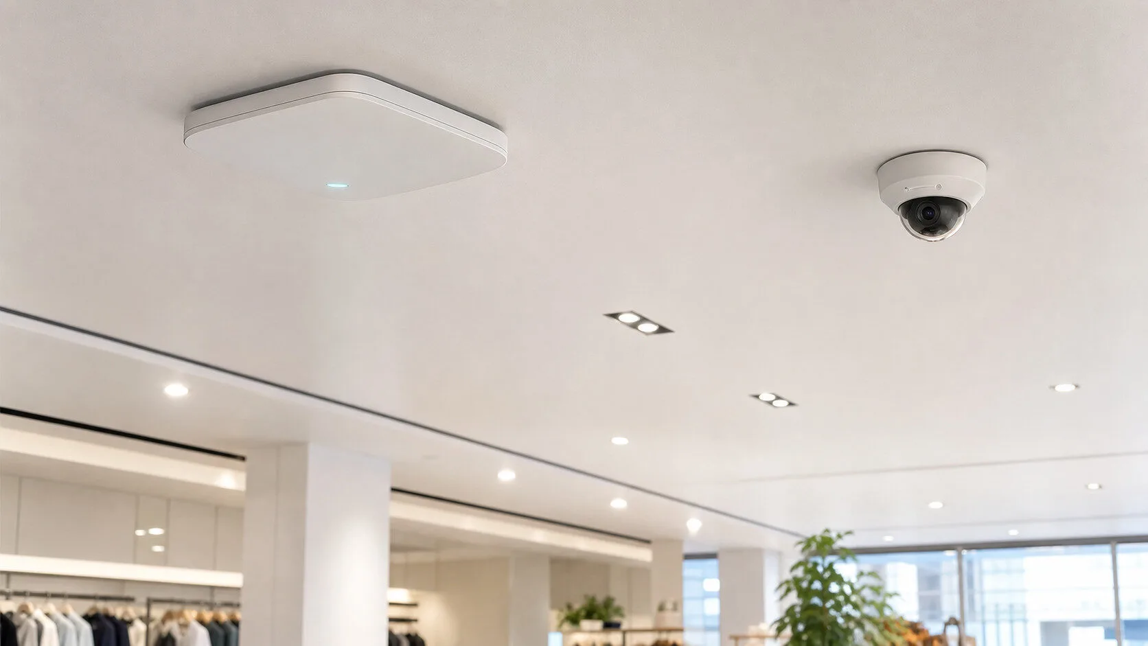 門市天花板特寫:企業 Wi-Fi access point 與 PoE 監控攝影機並置安裝