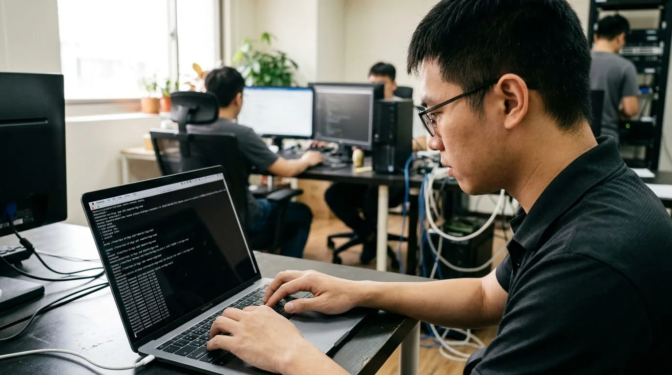工程師透過 SSH 在終端機輸入 RouterOS 指令設定 bridge-mod 透明橋接