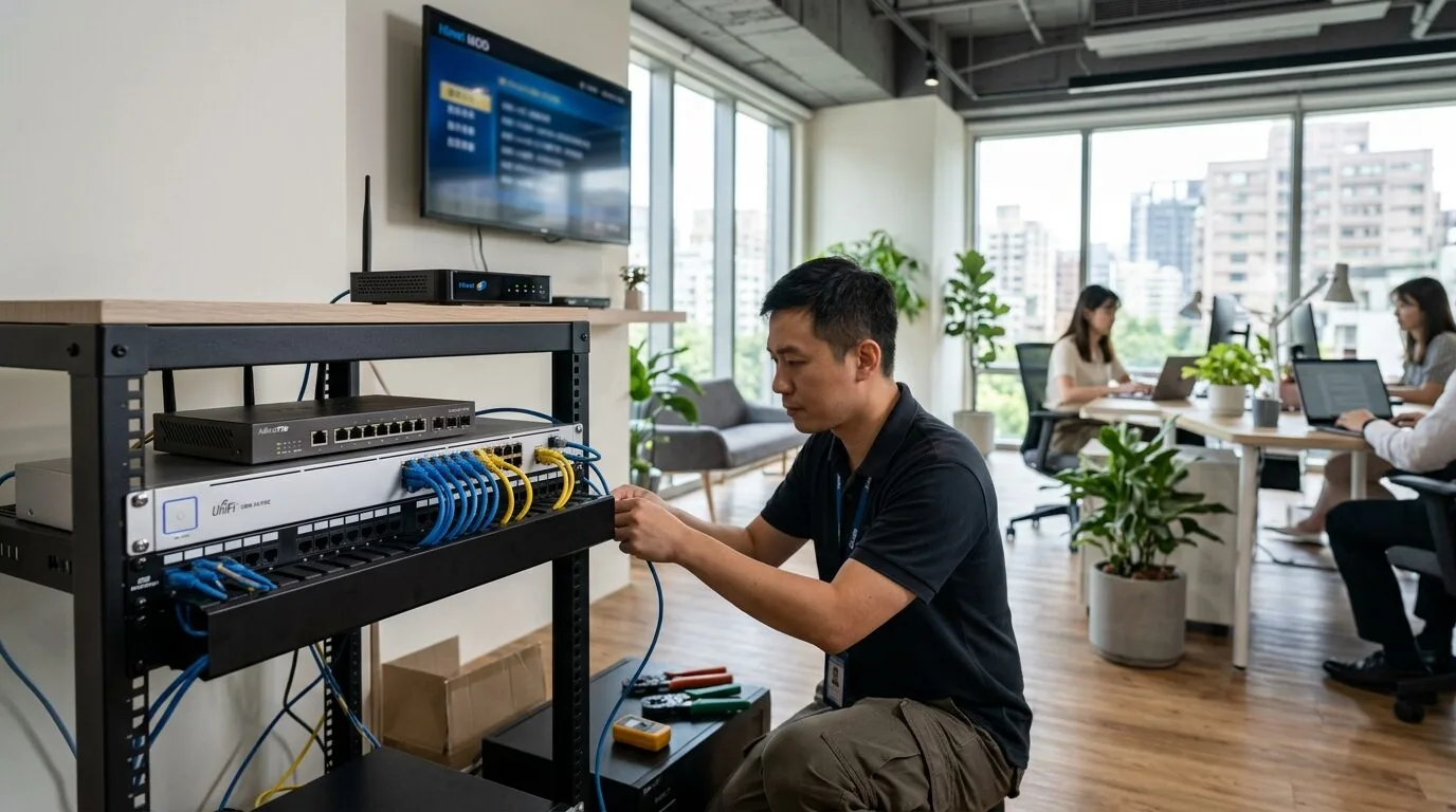 小型辦公室機櫃整合 MikroTik 路由器、UniFi 交換機、中華電信 MOD 訊號分發