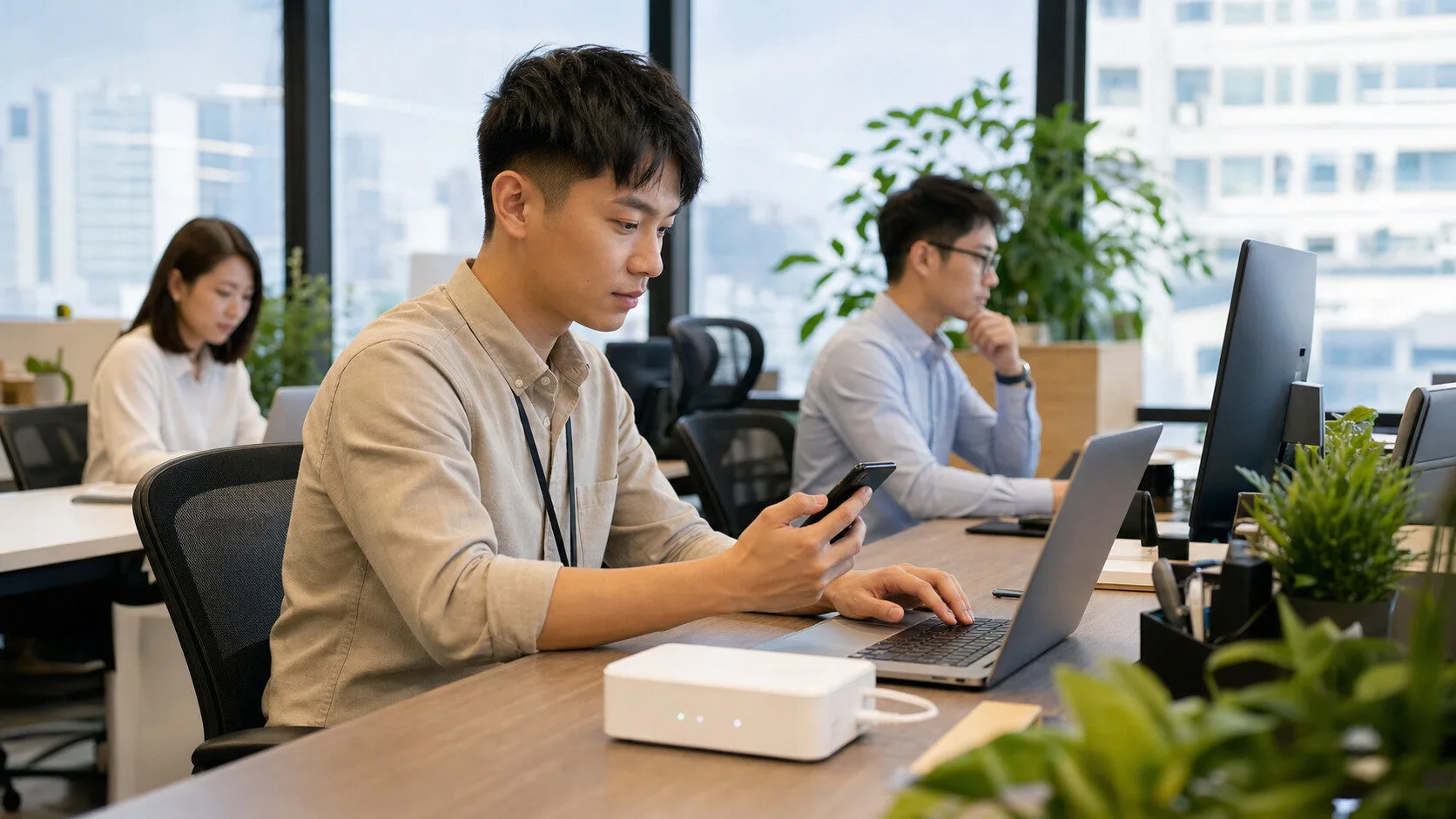 辦公室員工以筆電與手機連線 Wi-Fi 工作