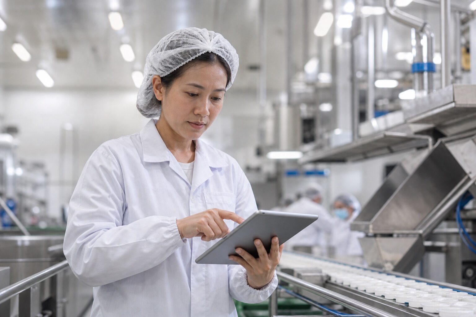 食品加工廠品管人員在無塵產線檢視生產與檢驗記錄|蓋斯克科技
