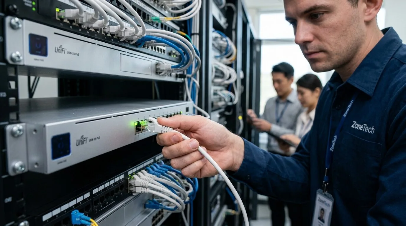 一名網路工程師的手正在將一條乙太網路線插入 UniFi 交換器的特定連接埠，突顯透過 MAC 位址綁定與實體 Port 安全設定來強化網路安全。