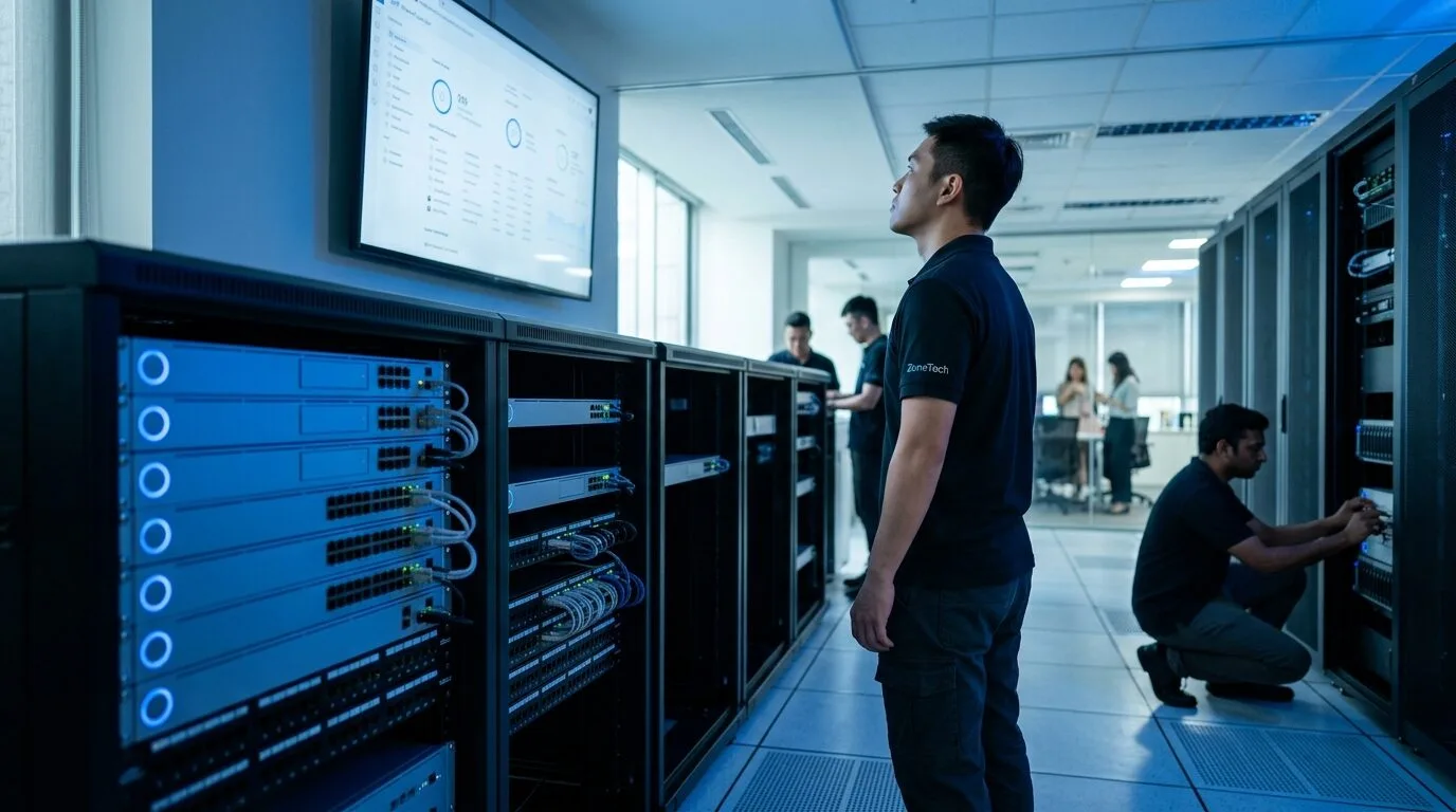 一名 IT 管理員站在整潔明亮的伺服器機房中，面對著一整排運作中的 UniFi 網路設備，並在大型監控螢幕上操作 UniFi Controller 介面，執行安全強化步驟。