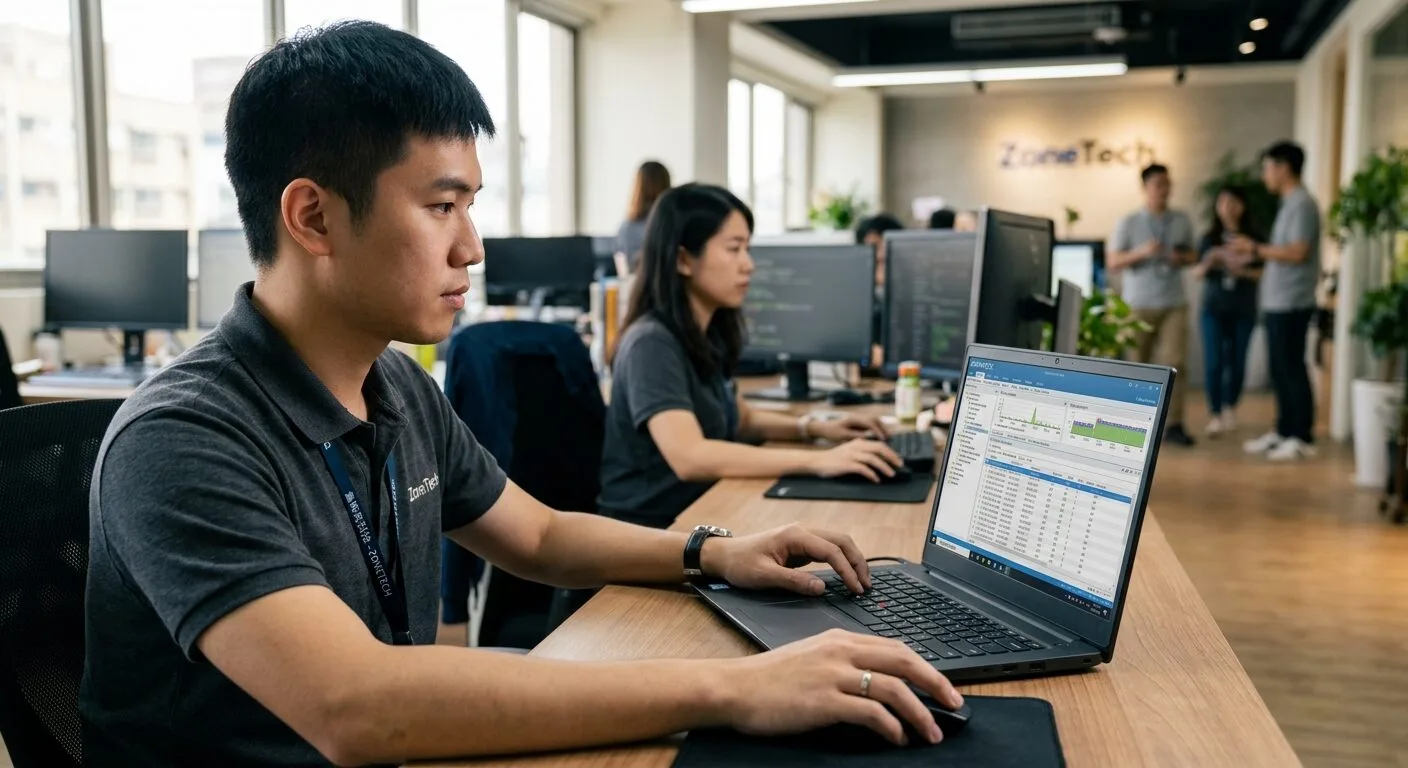網路工程師使用 Omnipeek 軟體在筆電上分析 Wi-Fi 封包，專注進行多頻道漫遊測試