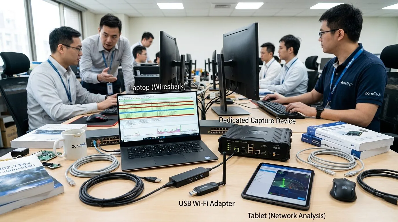 桌面上擺放四種 Wi-Fi 封包擷取工具設備，包括筆記型電腦和專用硬體，展示功能對比
