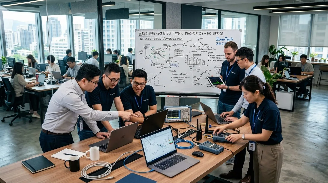 CAPSULE GROUP 辦公室內技術團隊正在進行 Wi-Fi 網路診斷與封包分析，展示實際案例場景