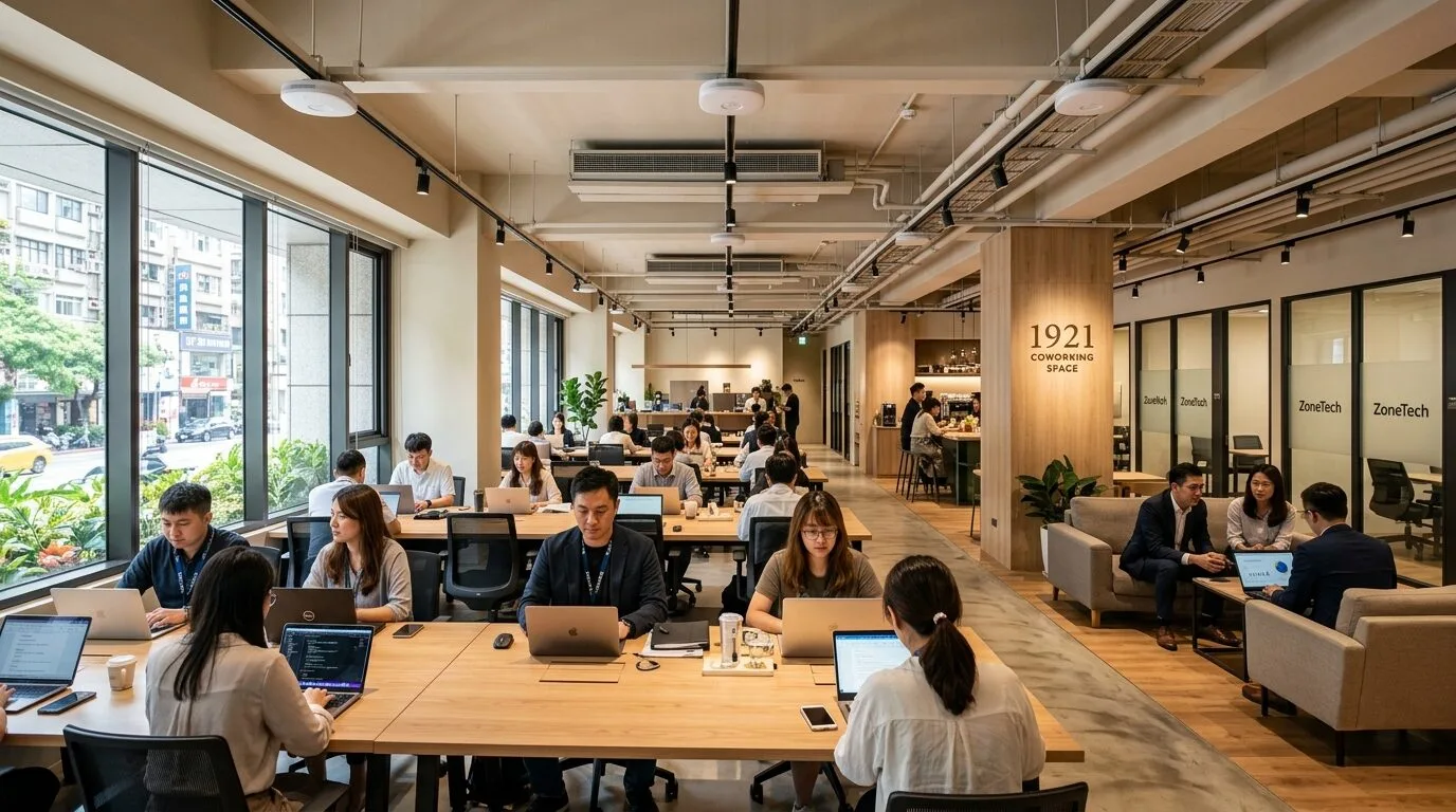 1921 Coworking Space 共享辦公空間的全景照片,展示多人使用筆電的工作場景與無縫漫遊 Wi-Fi 環境