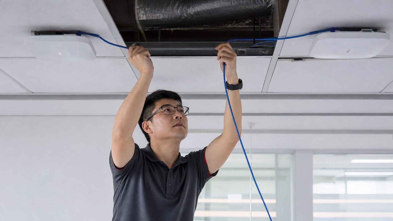 工程師為 Mesh AP 佈設有線回程（wired backhaul）網路線