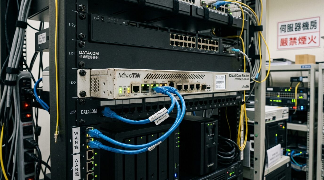 企業機櫃中 MikroTik 路由器接上雙 WAN 線路的網路設備實景｜蓋斯克科技