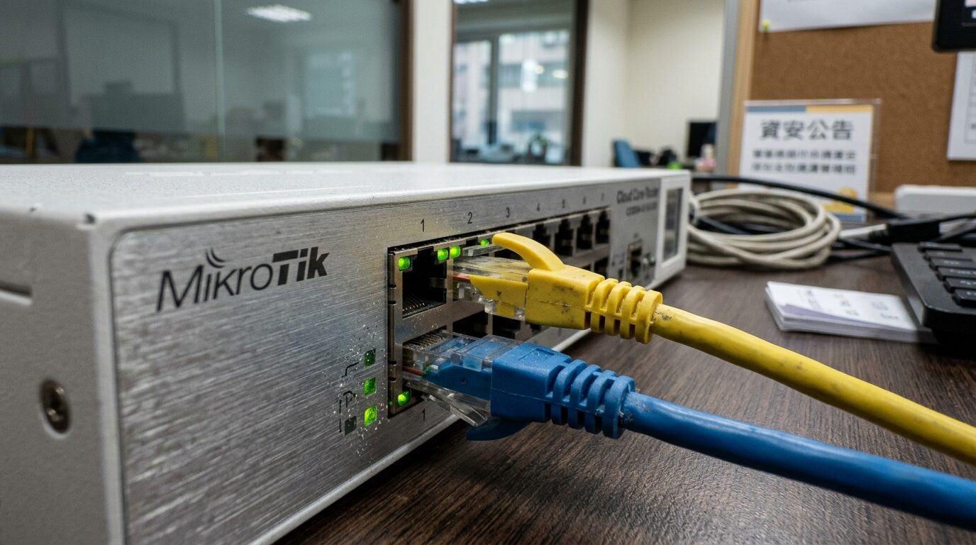 MikroTik 多埠路由器接上雙 WAN 網路線的近拍實景｜蓋斯克科技