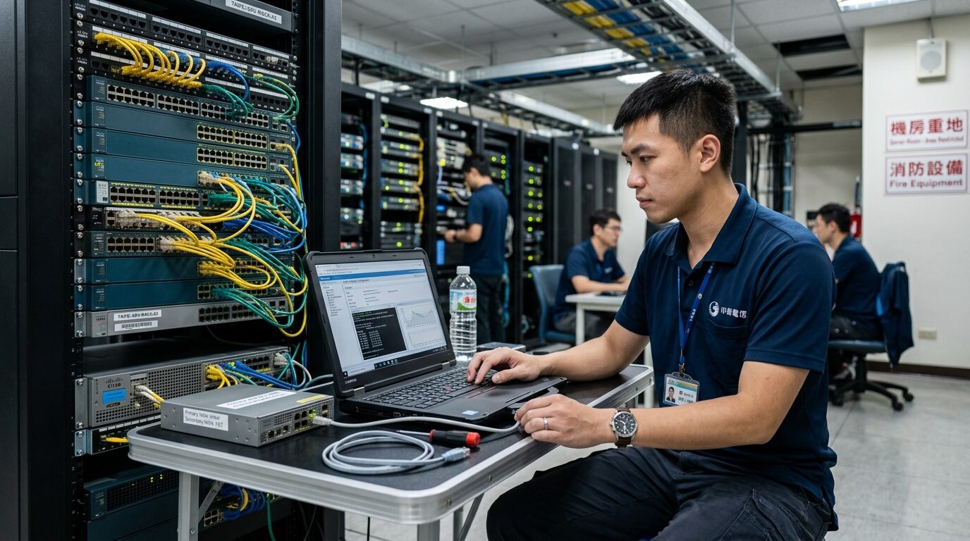 蓋斯克工程師在機房用筆電設定企業雙線路備援實景｜蓋斯克科技