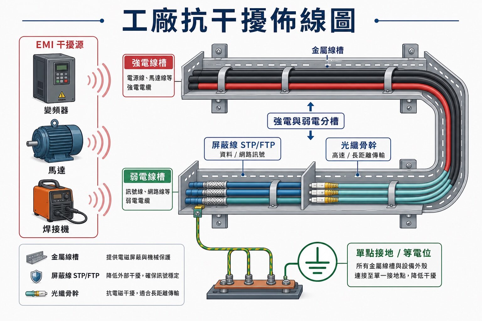 工廠抗干擾佈線圖:EMI 來源、屏蔽線與光纖骨幹分槽走線、單點接地|蓋斯克科技