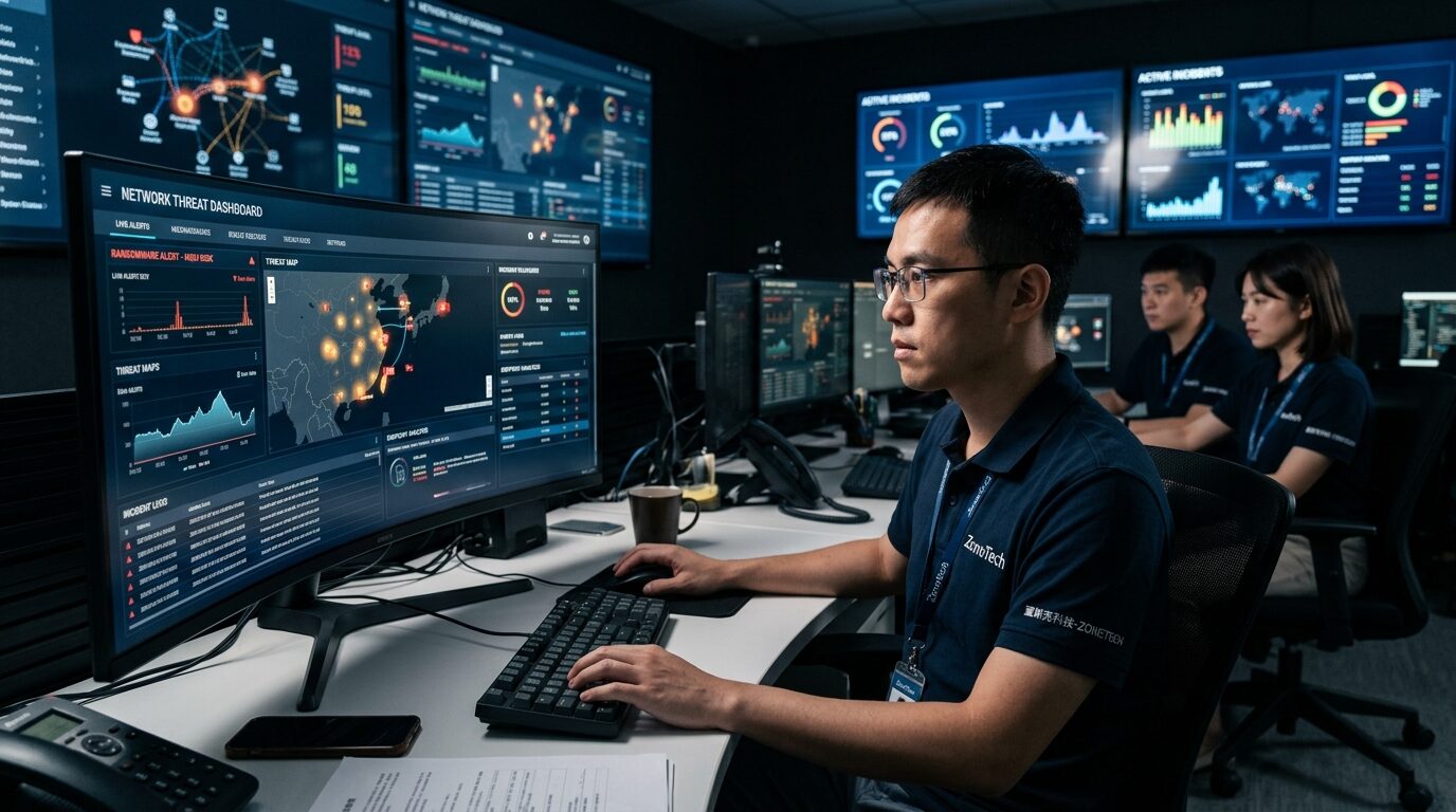 資安監控中心工程師監看勒索病毒威脅儀表板｜蓋斯克科技