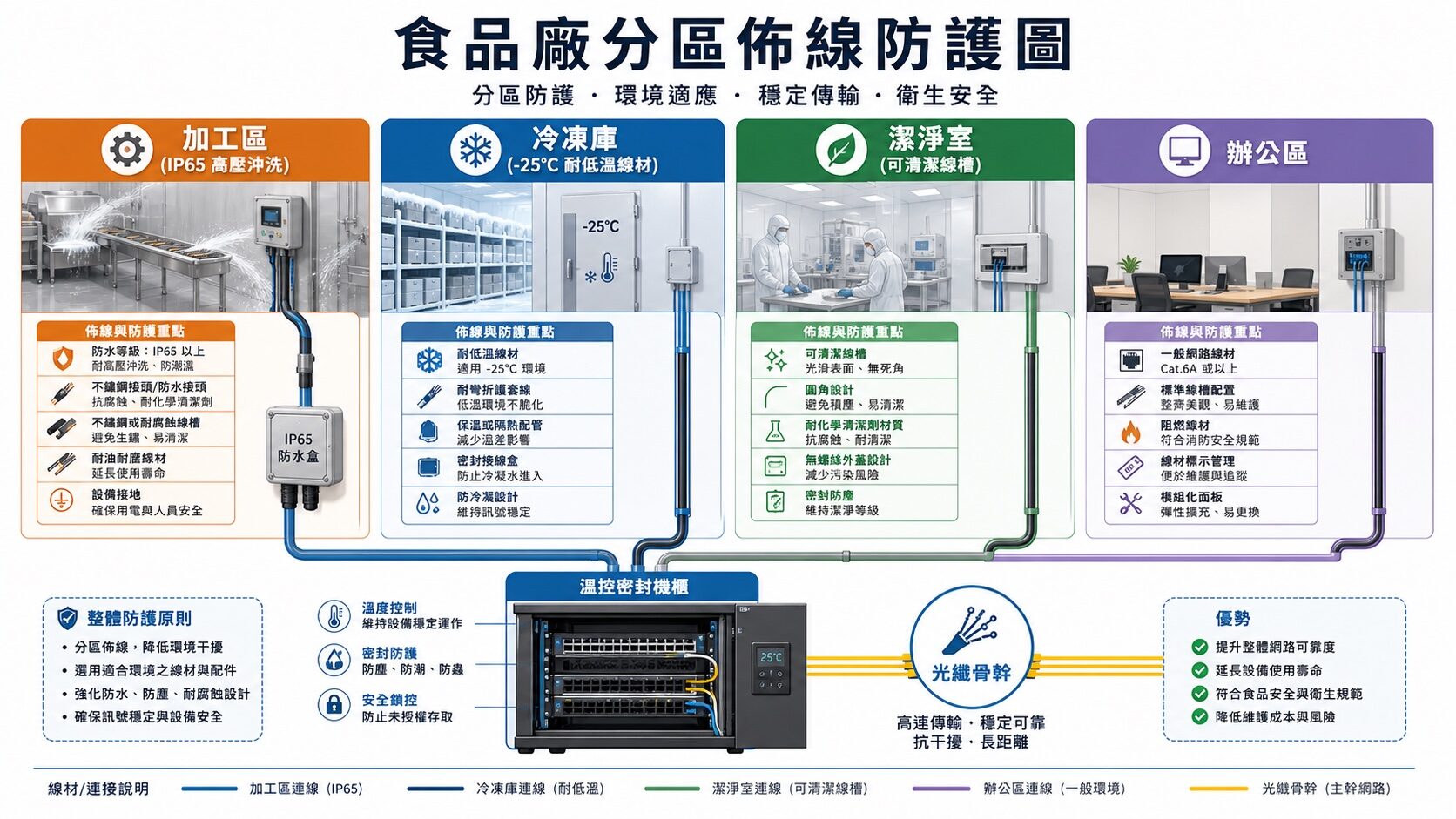 食品廠加工區冷凍庫潔淨室辦公區分區佈線防護與 IP 等級對照圖｜蓋斯克科技