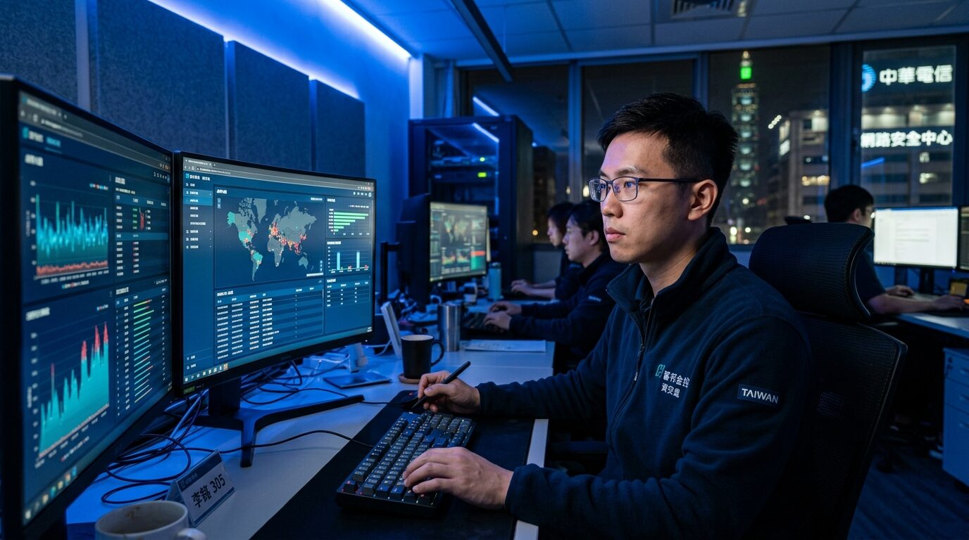 台灣企業資安工程師在台北辦公室的資安監控中心（SOC），面對多螢幕檢視資安儀表板實景｜蓋斯克科技