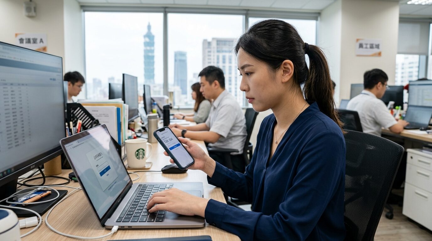 台灣上班族在辦公室電腦前進行多因素驗證登入（機密性存取控制）實景｜蓋斯克科技