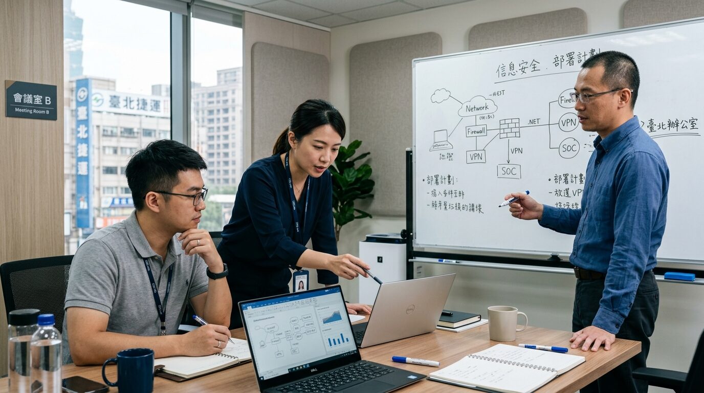 台灣中小企業 IT 團隊在會議室討論資安防護佈署實景｜蓋斯克科技