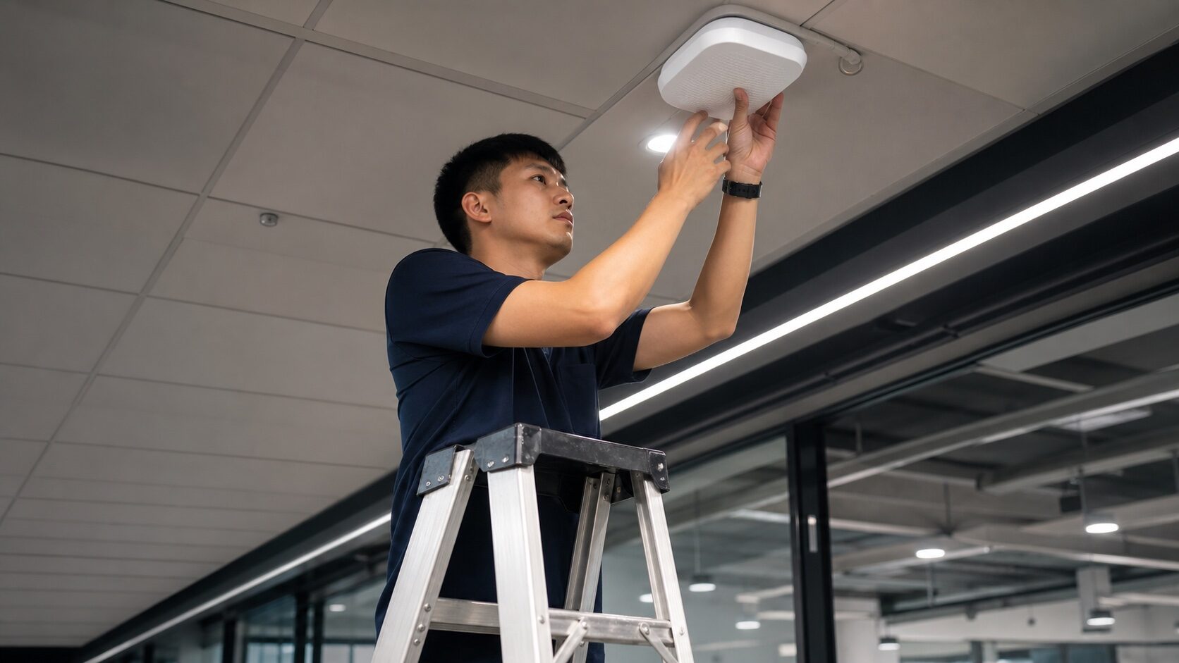 蓋斯克工程師於天花板安裝 Mesh AP 節點