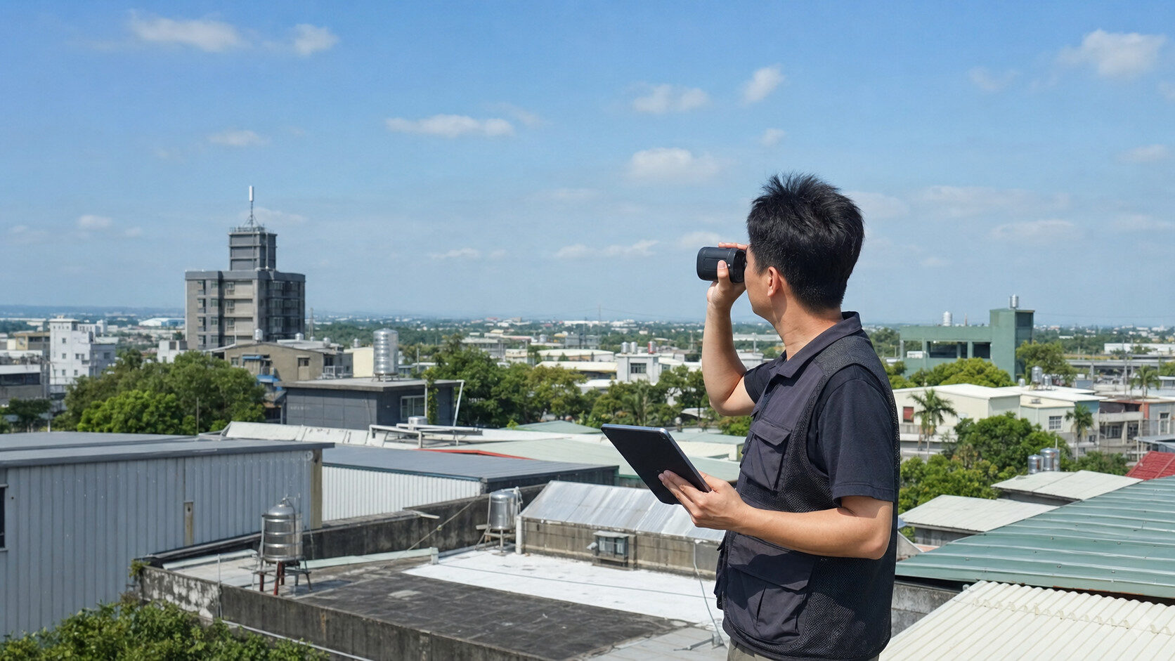 長距離無線傳輸視距勘查現場，技術人員以望遠鏡評估兩點間視距路徑｜蓋斯克科技