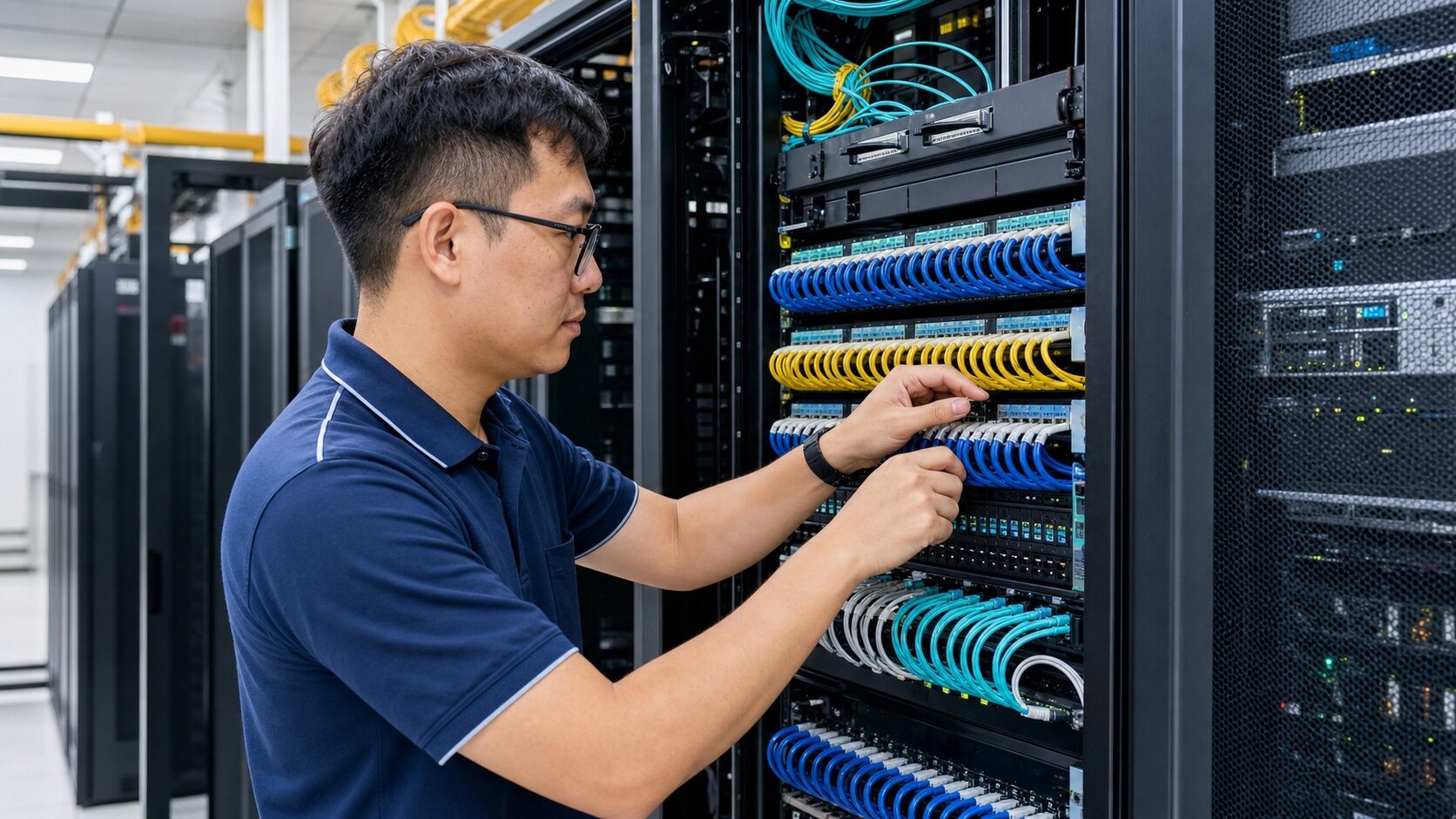 蓋斯克科技工程師在企業機房整理結構化佈線與光纖配線架