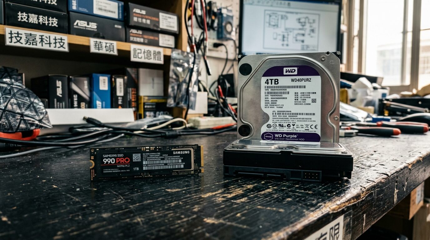 SSD 固態硬碟與 HDD 傳統硬碟並排產品近拍，桌面科技風實景｜蓋斯克科技