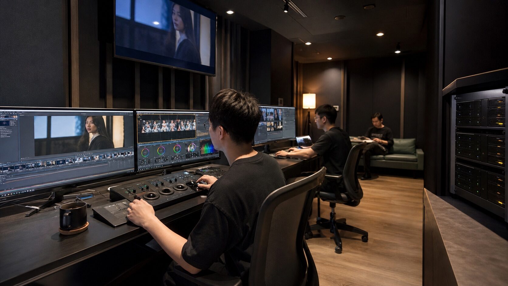 影音後製工作室多台 4K 剪輯座位共用中央 NAS 的萬兆內網實景｜蓋斯克科技
