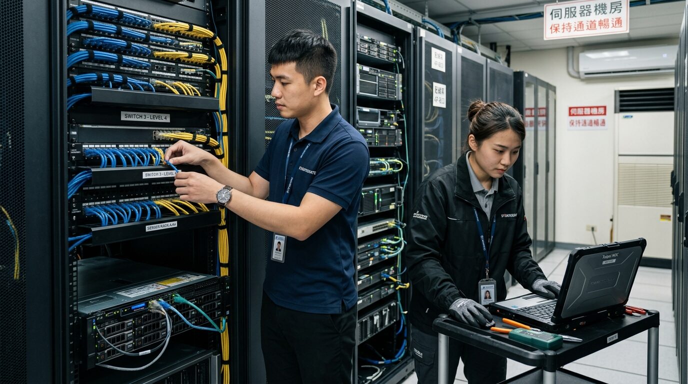 台灣系統整合工程師在企業機房整理伺服器機櫃與網路設備實景｜蓋斯克科技