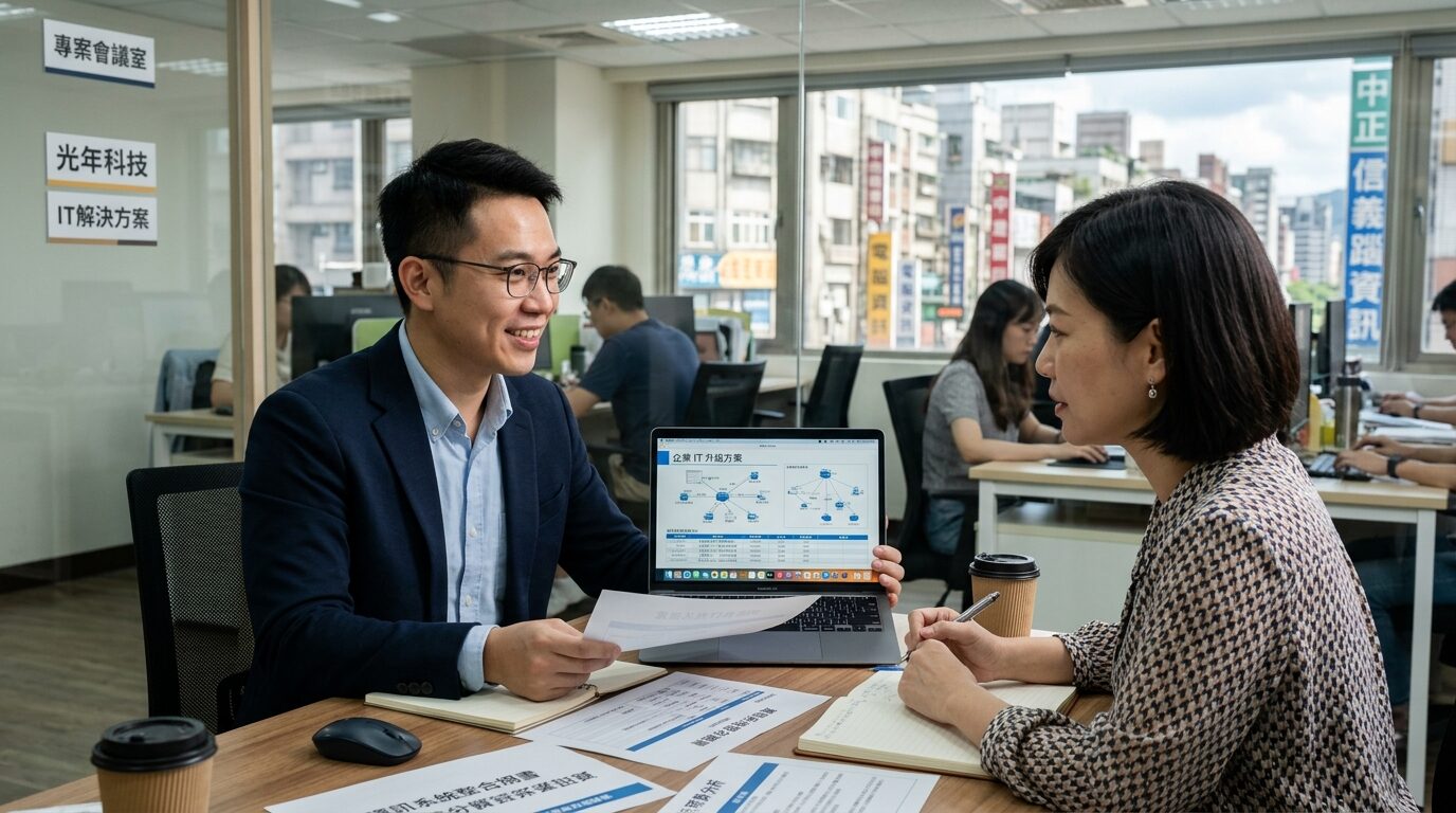 系統整合顧問與台灣中小企業老闆在辦公室討論導入方案實景｜蓋斯克科技
