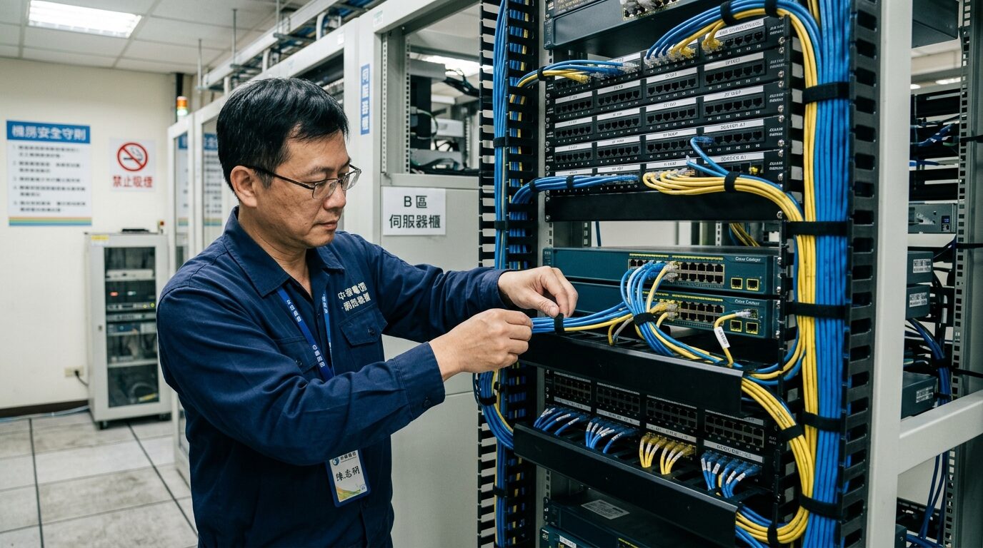 技師整理企業網路機櫃內的結構化佈線實景｜蓋斯克科技