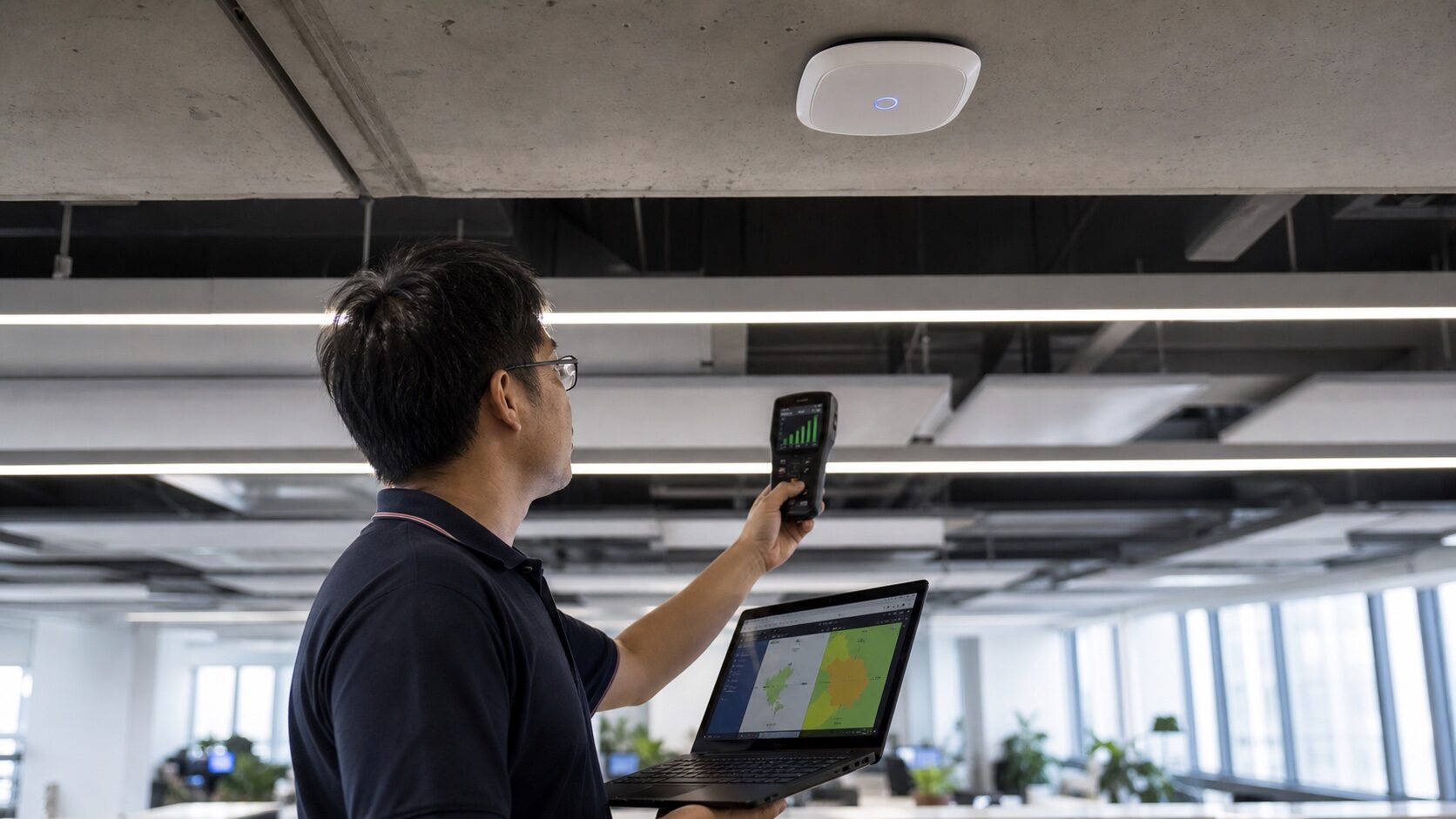 蓋斯克工程師現場使用訊號量測工具排查 WiFi 滿格卻慢的根因