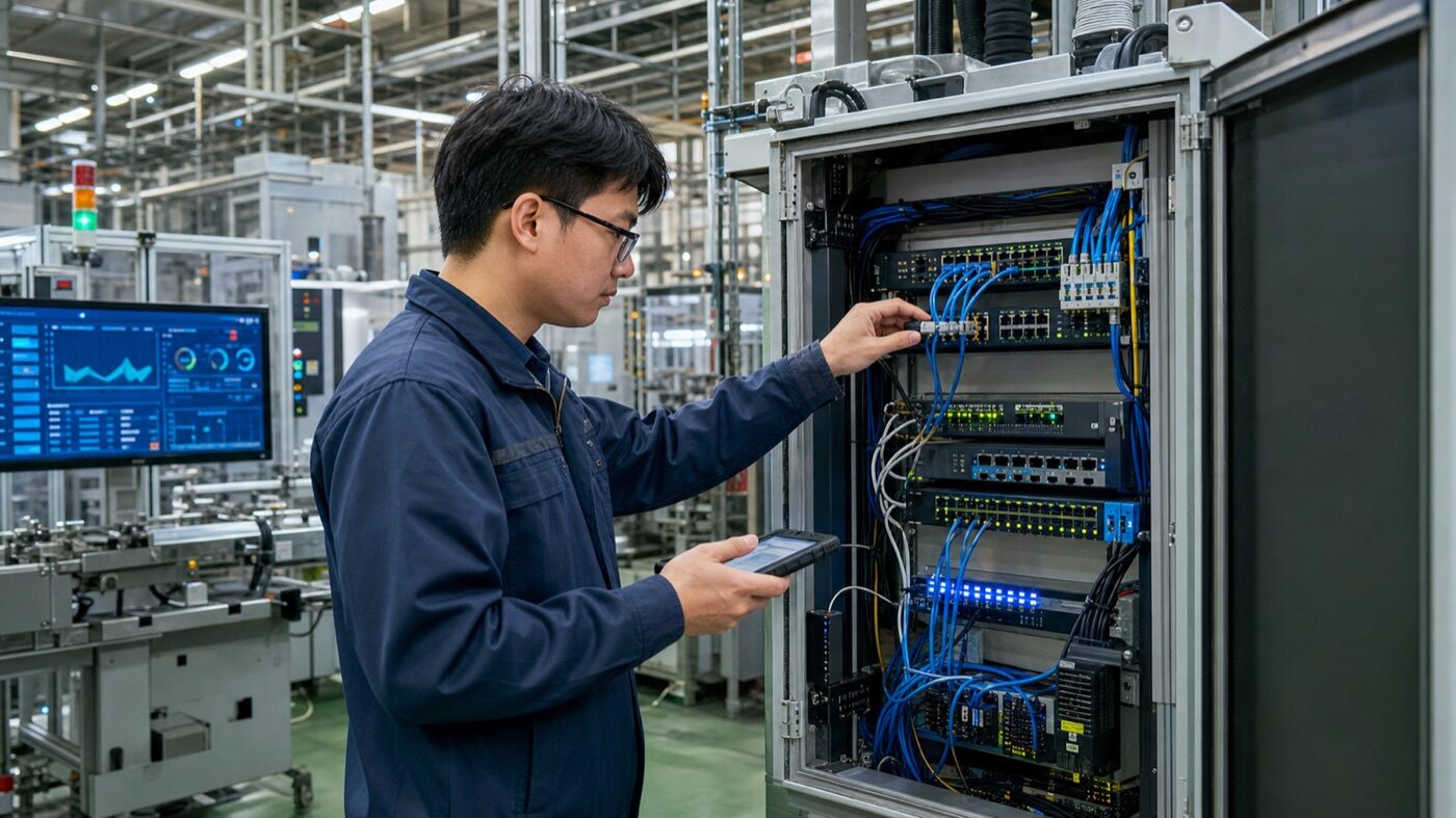 台灣 IT 工程師在製造業工廠以平板檢查工業網路機櫃、一旁為產線機台與 MES/ERP 畫面|蓋斯克科技