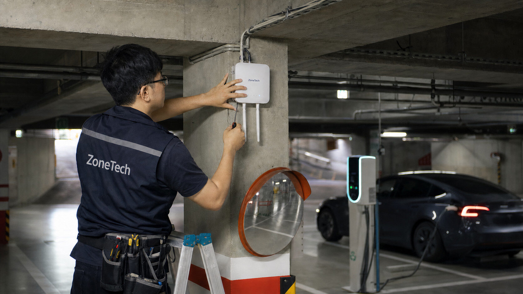蓋斯克科技工程師於地下停車場安裝穿透型AP，鄰近充電樁與電動車｜蓋斯克科技