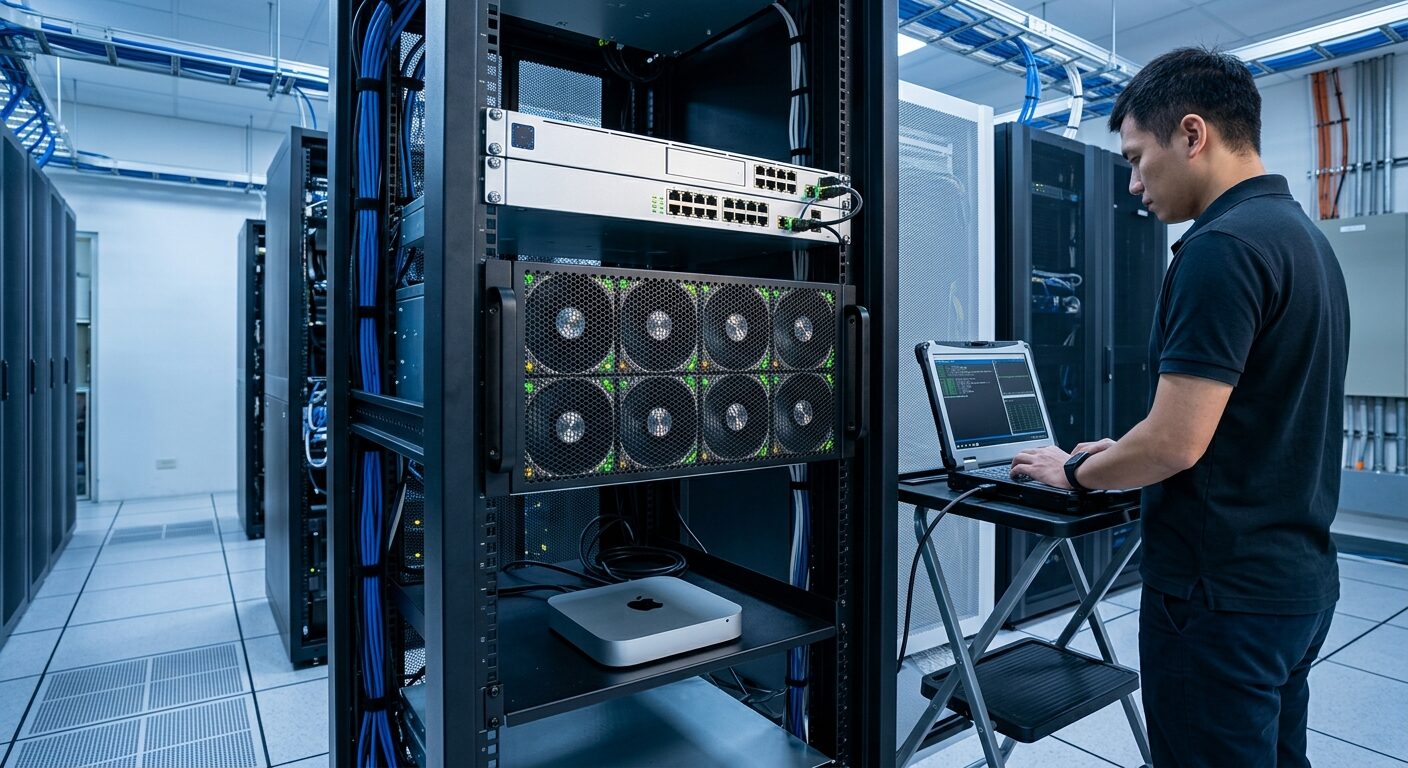 地端LLM主機機房實景:多卡GPU運算伺服器、Mac mini與防火牆設備並列機櫃|蓋斯克科技
