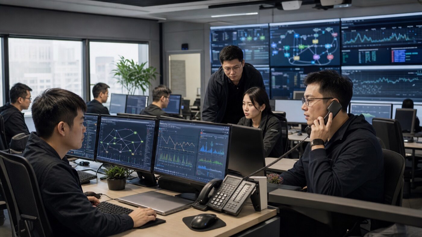 台灣資訊委外（MSP）團隊在辦公室維運中心監控網路儀表板並接聽支援電話的實景｜蓋斯克科技