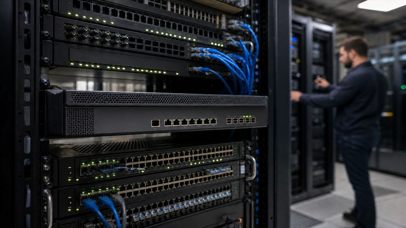 企業網路資安機櫃：次世代防火牆設備與交換器狀態燈實景｜蓋斯克科技